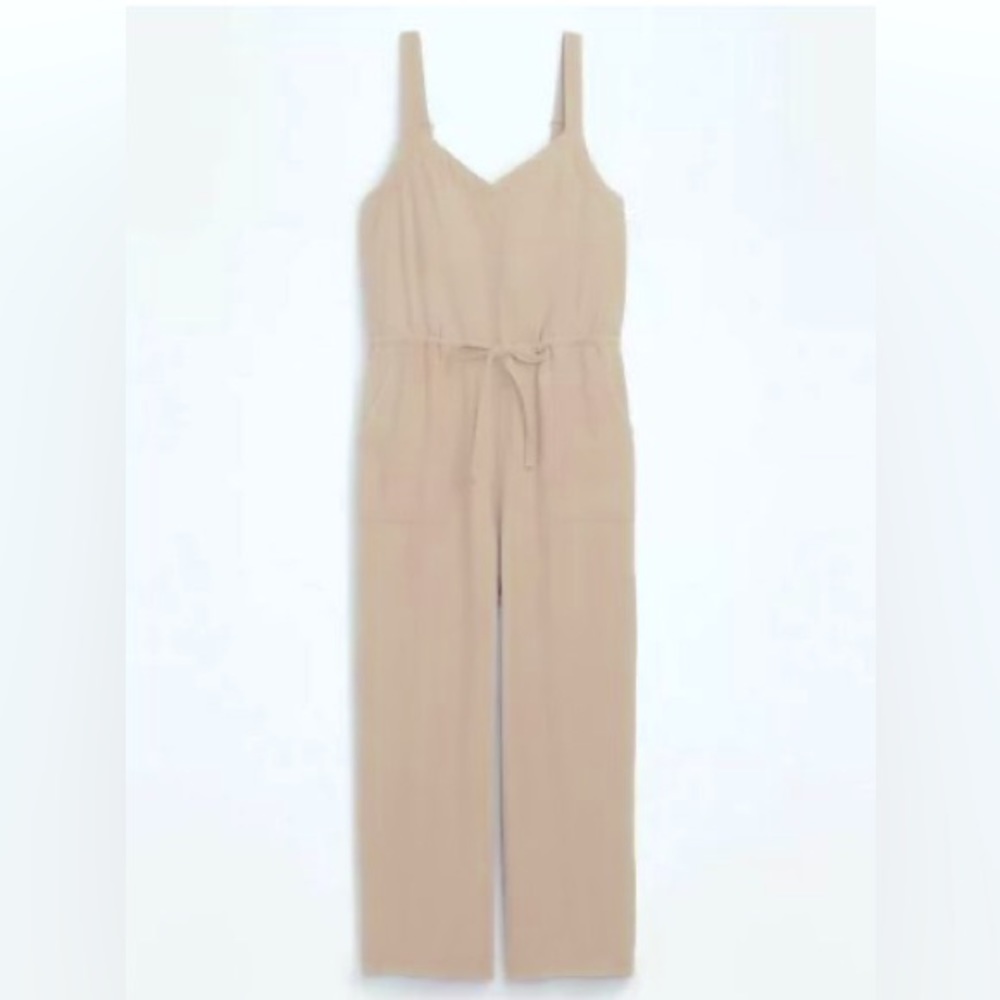 Old Navy woven rayon tie waist v-neck jumpsuit one piece wide leg S beige NWT